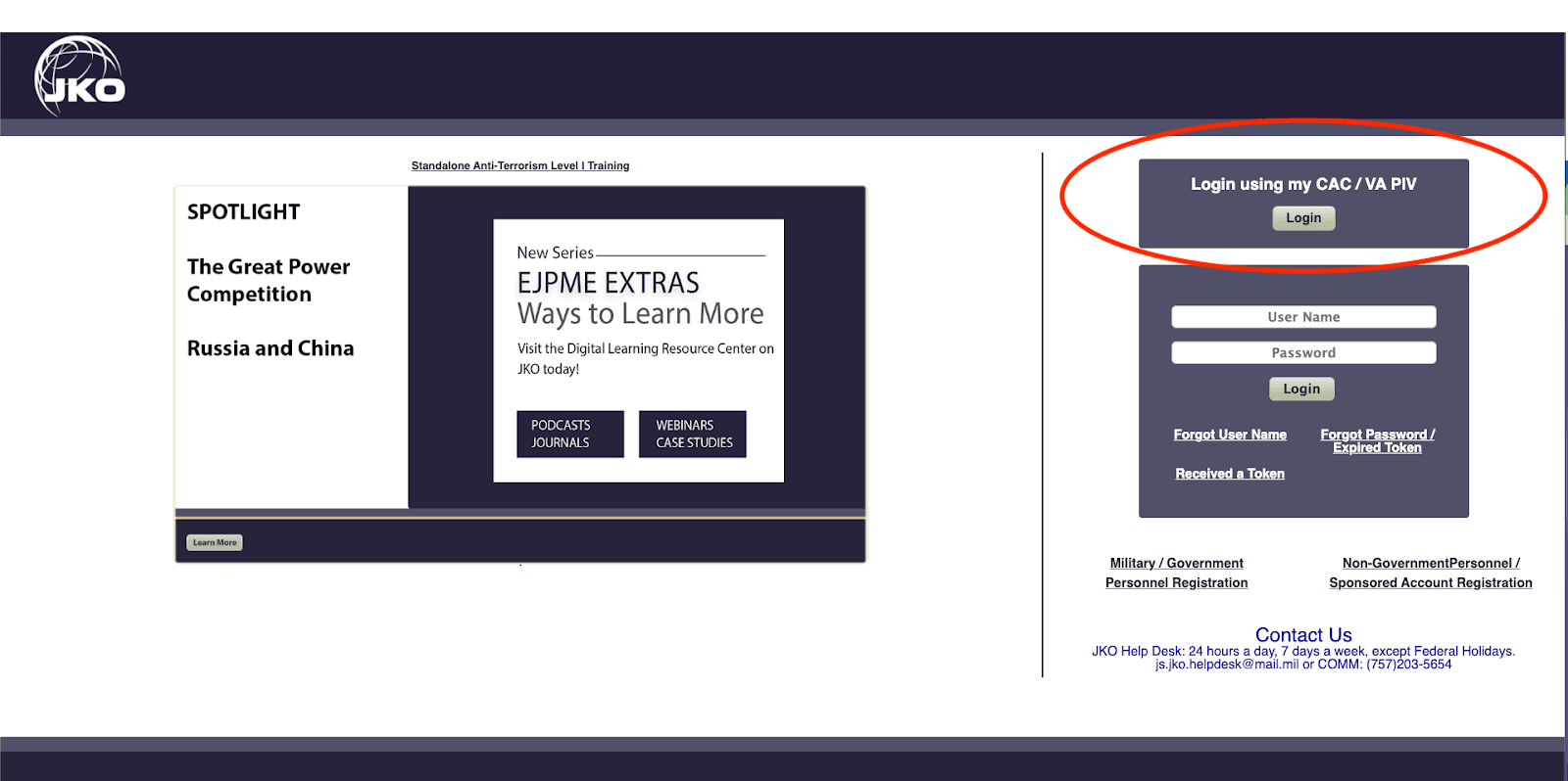 JKO Login Page Image